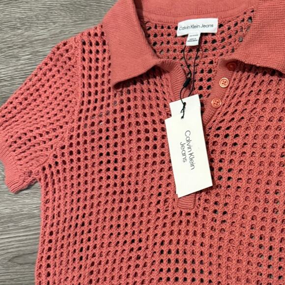 Calvin Klein Orange Coral Open Stitch Cap Sleeve Polo Shirt Women XS NEW Preppy - Picture 4 of 9
